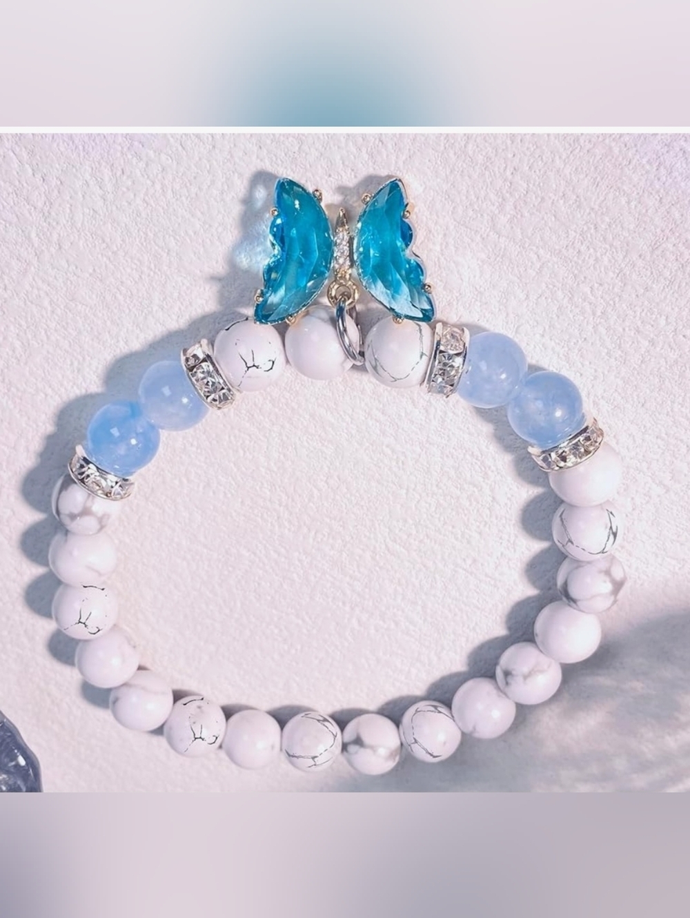 Butterfly Charm White and Light Blue Beaded Bracelet - Inspirational Gift